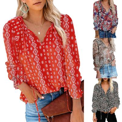 China Anti-Wrinkle GURUISI Summer New Floral Printing Shirt V-Neck Shirt Women's Clothing Long Sleeve Blouses Blouses for sale