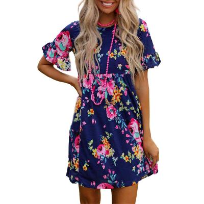 China 2021 New Style Breathable Custom Made Fashion Elegant Flower O Neck Women Dress Floral Midi Dresses for sale