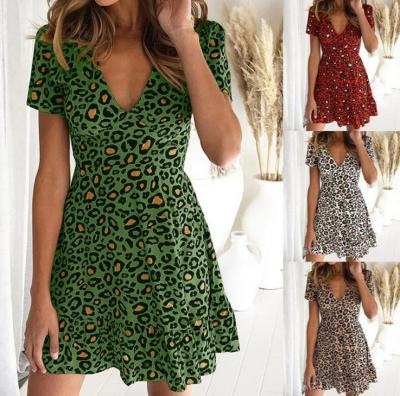 China New Fashion Women's Deep V-Neck Lotus Leaf Edge Drop Ship Dress Women's Summer Breathable Casual Leopard Print-Copy Desses for sale