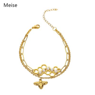 China Gorgeous Vintage Yiwu Coqi YY622 Stainless Steel Double Layers Honeycomb Bracelet Bead Cable Chain Bee Stainless Steel Bracelet for sale