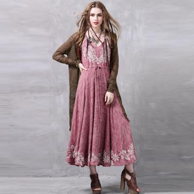 China Maxnegio Anti-Static Embroidery Maxi Dress Sling Vintage Woman Blend Canvas Long Dress 2018 for sale