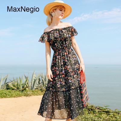 China Maxnegio Anti-Static Boho Maxi Dress Off The Shoulder Chiffon Floral Print Dress for sale