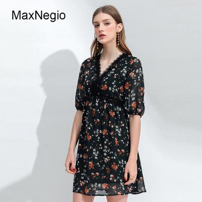 China Maxnegio 2018 Women's V-Neckline Anti-Static Lace Women's Quilting Lantern Sleeve Flower Chiffon Dress for sale