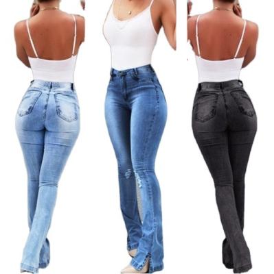 China Color Fade Proof Hot Selling Sexy Fashion Washed Wide Leg Ankle Split High Waist Skinny Women Jeans for sale