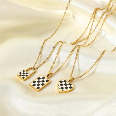 China Fashion TRENDY style Ins Qicai High Quality 18k Gold Plated Stainless Steel Enamel Heart Lock Checkerboard Pendant Necklace for sale