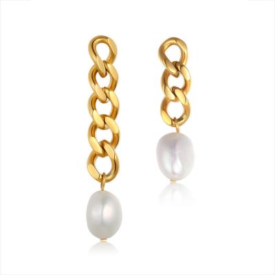 China TRENDY unique Qicai fashion jewelry earring 18k gold plated stainless steel earring real freshwater pearl drop chain earring for women for sale