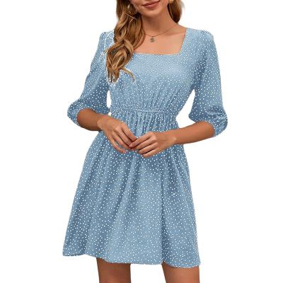 China Dot Printed Slight Bluey Stretch Clothing Square Polka Dot Neck Elegant Casual Outfits for sale