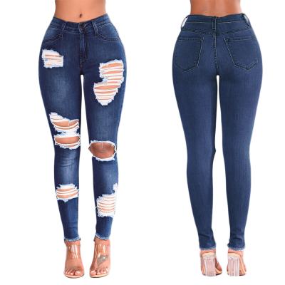 China Fashionable Mid Waist Running Fat Lean Skinny Distressed Jeans For Women for sale