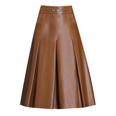 China 2022 New Women Office PU Leather Pleated Skirts Breathable Long Skirts for sale