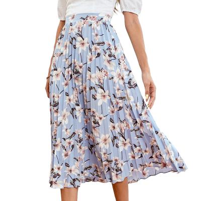 China Popular Anti-Static Style Baby Blue Floral Pleated High Waist Skirt Women Skirts Midi Summer for sale