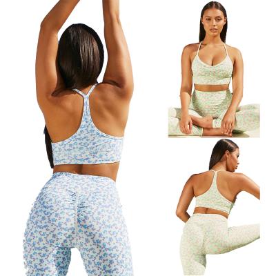 China Sustainable Womens Fitness Clothes Printed Pleated Straps Sleeveless Two Piece Pants Set Yoga Suit for sale