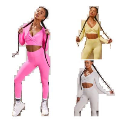 China Sustainable Yoga Clothes V Neck Long Sleeve Pants Low Cut Two Piece Pants Tight Sets Running Yoga Suit for sale