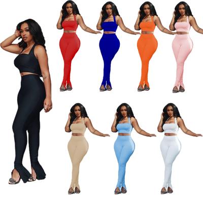 China Breathable 2 Piece Halter Women's Sheer Color Pant Suits Tights Shirt Suits Sets For Women for sale