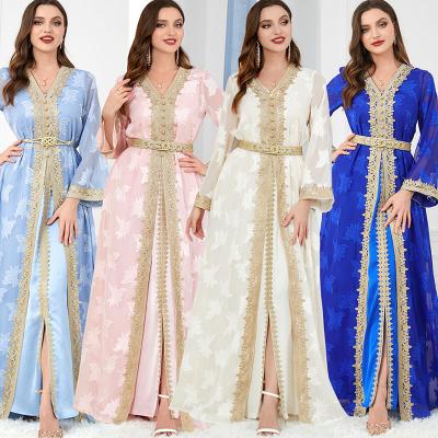 China Dubai Muslim Custom Arabic Handwork Label Polyester Clothing Abaya Kaftan Abaya Kaftan Moroccan Dress With Belt for sale