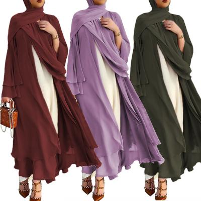 China Muslim Dress Dubai Abaya New Modest Layered Chiffon Long Sleeve Polyester Cardigan Abaya Islamic Women Open Front Clothing for sale