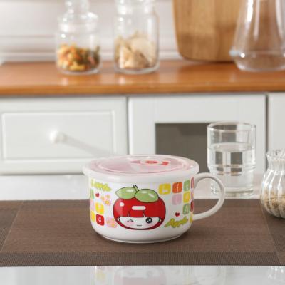 China Cute Cartoon Pattern Ceramic Instant Noodles Stored Microwave Sealed Lid Storage Bowl for sale