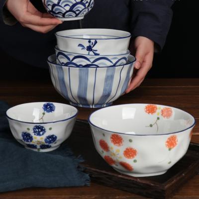 China Ceramic Bump Stocked Style Hand Painted Korean Household Dinnerware Set Tracing Noodle Ramen Bowl for sale