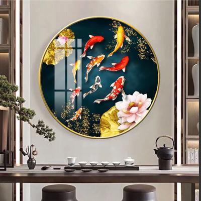 China Luxury Large Wall Art Fish Paintings Floral Plant Deer Golden Tree Lucky Decor Luxury Waterproof Home Decor Round Picture Glass Decorations for sale