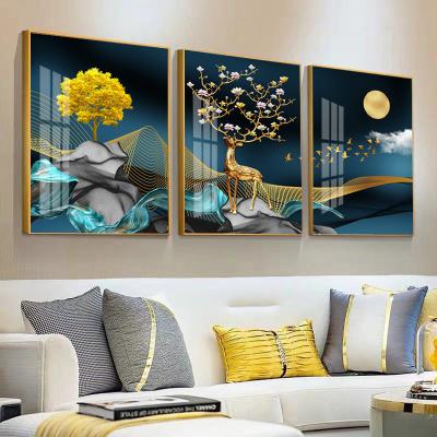 China Luxury Waterproof Living Room Decor Golden Deer Wall Art Prints Pictures Nordic Crystal Porcelain Painting Picture Wall for sale