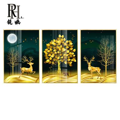 China Nordic Luxury Waterproof Wall Art Gold Tree Deer Print Living Room Decor Wall Pictures Crystal Porcelain Glass Picture for sale