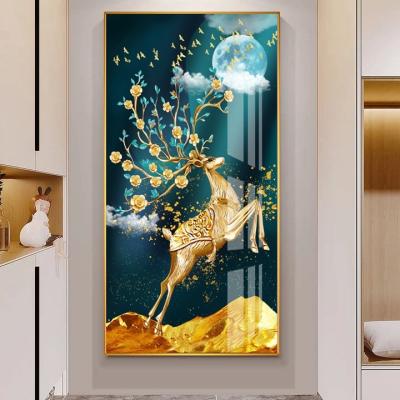 China Waterproof Home Decoration Gold Posters Prints Modern Wall Art Home Tree Deer Picture Porcelain Crystal Painting for sale