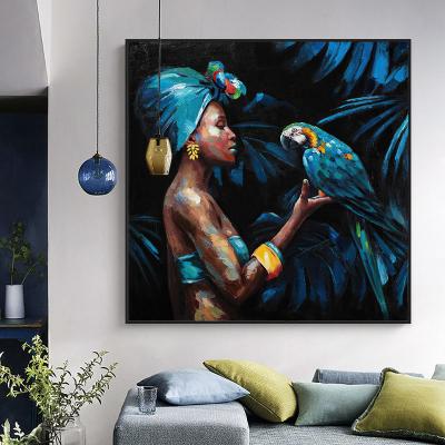 China Waterproof Vintage Living Room Decor Vintage African Woman Play Parrot Canvas Prints Abstract Pictures African American Woman Wall Art for sale