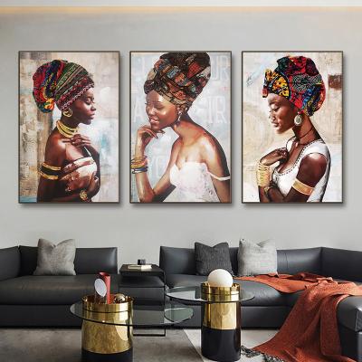 China Traditional Home Decor Dress Canvas Painting Headdress Girl Waterproof Prints Pictures Color Women African Tribal Wall Art Posters for sale