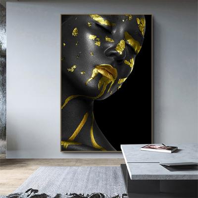 China Waterproof Living Room Decor Gold Girl Portrait Posters Prints Pictures Wall Art African Color Women Painting for sale