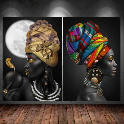 China Beauty Waterproof African Woman Gold Color Women Subtract Canvas Painting Print Women Picture Wall Art Decor Poster for sale