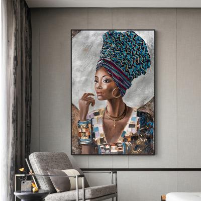 China Waterproof Black Gold African Woman With Headdress Canvas Posters Wall Art Print Exquisite Women Picture for sale