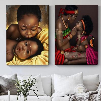 China Waterproof Home Decor Kids And Mom African Baby Gold Canvas Posters Prints African Picture Woman Wall Art Painting for sale