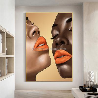 China Waterproof Home Decoration Pictures Woman Lips Canvas Color Orange Women Posters Prints Modern Woman Gold Lip Art Painting for sale