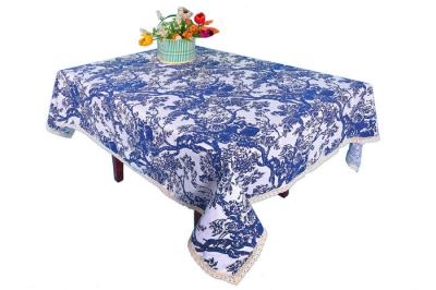 China Blue And White Custom Printed Tablecloths Hemstitch Design For Office Writing Desks for sale