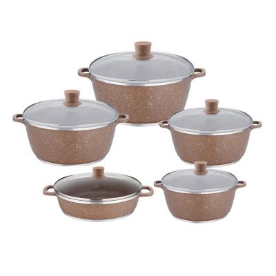 China 10pcs Soup Pot Cookware Viable Die Casting Aluminum Nonstick Marble Coating Set for sale