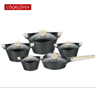 China Sustainable cooklover 10pcs die casting aluminum non stick induction bottom cookware marble coating sets for sale