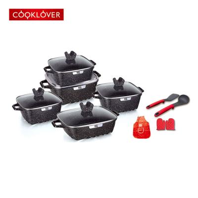 China 15 Pcs Square Scandinavian Soup Non Sticking Die Cast Aluminum Cookware Sets for sale