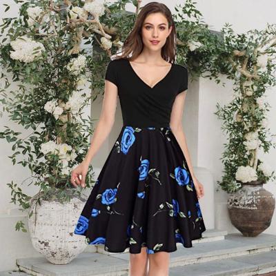 China Retro Summer CapSleeve Crossing Deep V-Neck A Line Floral Flare Wedding Party Cocktail Dress With Knee Length For Party Evening for sale