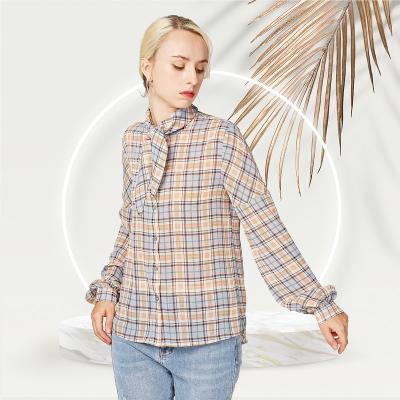 China Spring New Peri Checked Long Sleeves Relaxed Even Fashionable Anti-wrinkle Tailored Button Tie Neck Women Blouse for sale