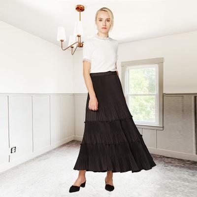 China Europe ODM Summer 2022 Anti-Static Sunny Shade Pleated Tiered Tailored Shapes Black A Line Women Elegant Maxi Skirts for sale