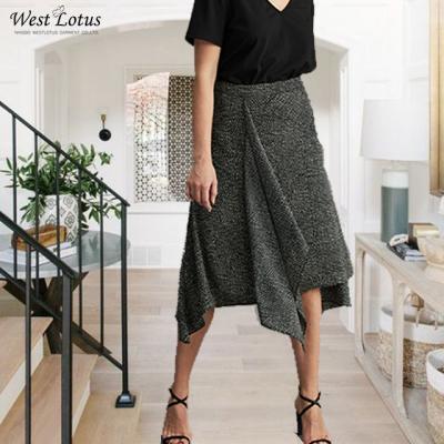 China 2022 Summer News Dot Print Draped Knee Length Handkerchief Black White Hem Women Anti-static Elegant Pencil Skirts for sale