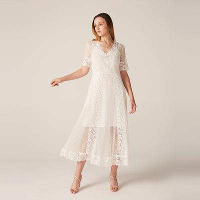 China OEM ODM Summer Anti-static Lace Block Snowwhite Short Sleeve Wrap V-Neck Maxi Dress Ladies for sale