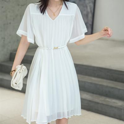 China Dry Cleaning Ready To Ship 2022 New Launch Semi Sheer Ladies Short White Summer Mini Sleeve Crepe Polyester Dress With Belt for sale