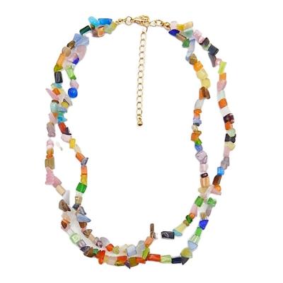 China To Make Women Double Layer Beautiful Semi-precious Gravel Natural Stone Necklace Multi Color Tumbled Irregular Chip Stone Jewelry Necklace for sale