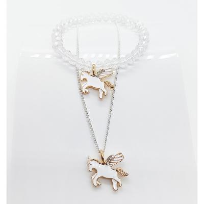 China Cute Cartoon Child Enamel Flying Horse Unicorn Jewelry Set White Necklace and Bracelet Set Stainless Steel Jewelry for sale