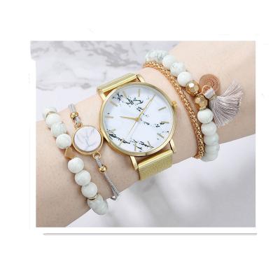 China 5pcs DIVER Women Bracelet Quartz Watch Set Round Marble Watch Indicator Beads Bracelet Set for sale