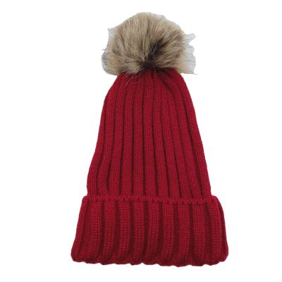 China 2021 Winter Fashion COMMON Burgundy Winter Slapped Ribbed Stripe Knitted Beanie Hats With Removable Pom Pom for sale