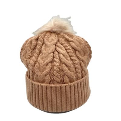 China COMMON Winter Coral Acrylic Wholesale Warm Slapped Ribbed Crochet Knitted Woman Beanie Hats With Faux Fur Pom Pom for sale