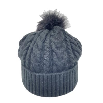 China Winter Warm Wholesale COMMON Slapped Faux Fur Ribbed Crochet Knitted Beanie Hats With Pom Pom for sale