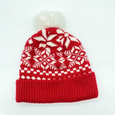 China COMMON Winter Jacquard Snow Pattern Warm Soft Red Christmas Knitted Beanie Hats With Pom Pom for sale