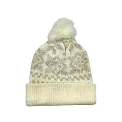 China COMMON Winter Warm Soft Two Layer Pattern White Christmas Snow Jacquard Knitted Beanie Hats With Pom Pom for sale